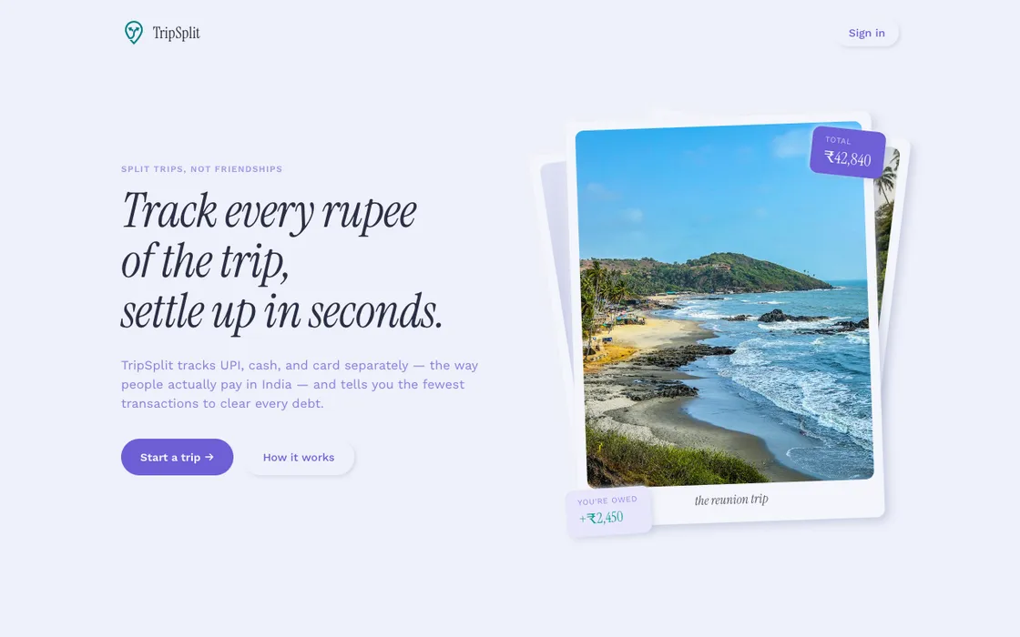 TripSplit homepage preview